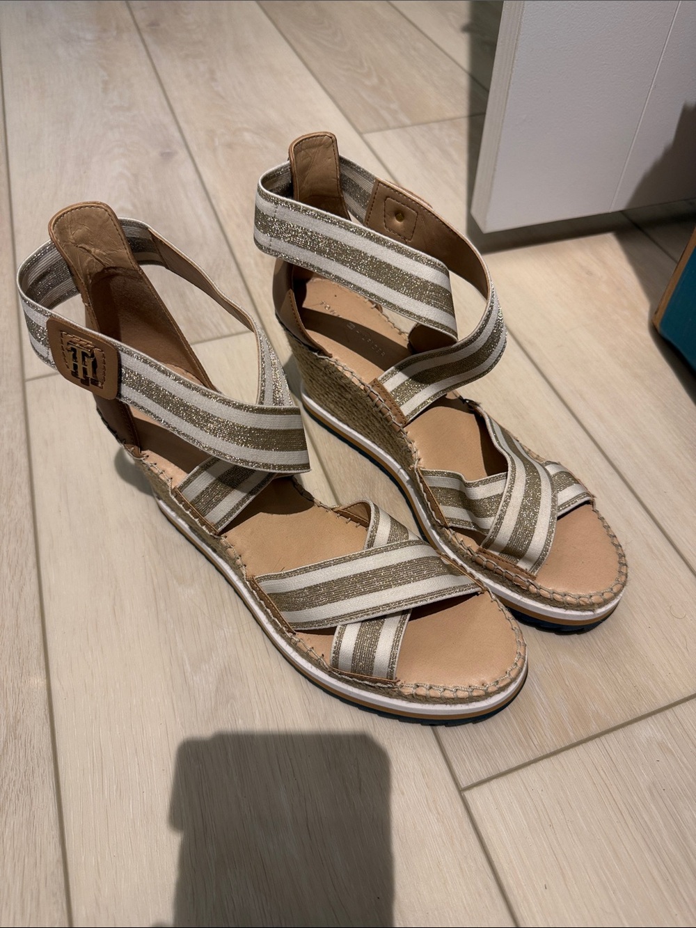 Tommy Hilfiger Striped Neutral Espadrille Wedge Sandals